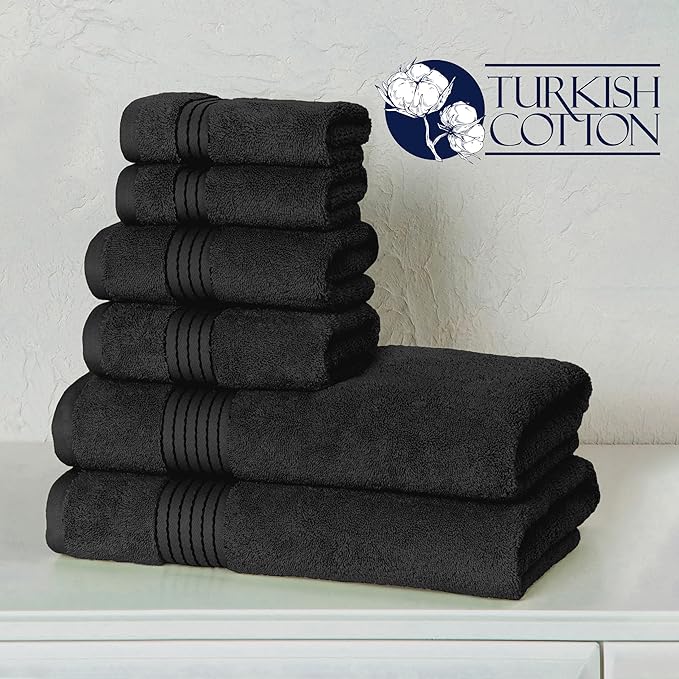 Elegant Comfort Premium Cotton 6-Piece Towel Set, Includes 2 Washcloths, 2 Hand Towels and 2 Bath Towels, 100% Turkish Cotton - Highly Absorbent and Super Soft Towels for Bathroom, Black