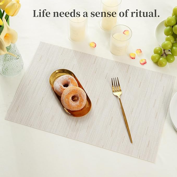 Leetaltree Pale Beige Placemats Set of 4 - Heat Resistant Non-Slip Place mats for Dining Table, Washable Durable PVC Vinyl Woven Table Mats(Pale Beige, 4)