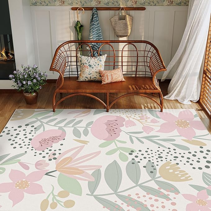 Pink Area Rug 5x7 Washable Office Boho Living Room Carpet Non Slip Kitchen Soft Cute Bedroom Botanical Indoor Accent Rug for Dining Room Nursery Bathroom Farmhouse