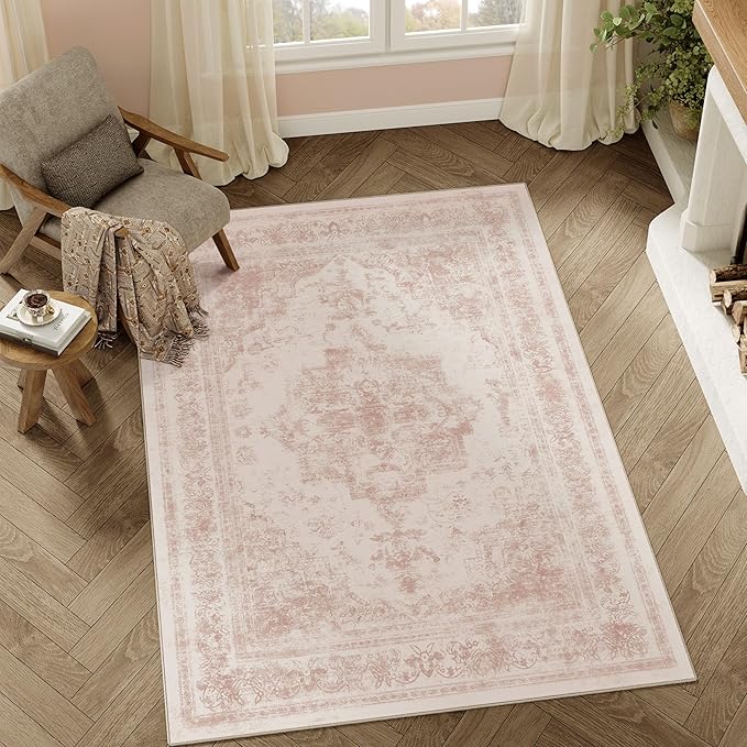 Area Rug 3x5 Washable Pink Rug Vintage Boho Medallion Entryway Door Mat Entrance Distressed Retro Carpet Non Slip Low Pile Small Soft for Office Kitchen Bedroom Laundry Bathroom Hallway
