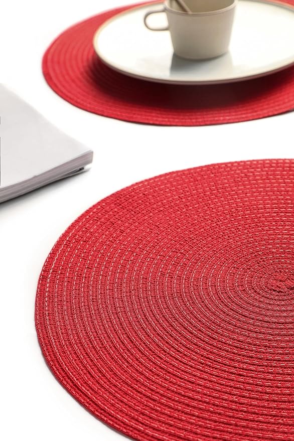 Floroom 15 Inch Round Braided Placemats Set of 6, Washable Heat Resistant Cotton Polyester Circle Place Mats for Kitchen Dining Table - Red