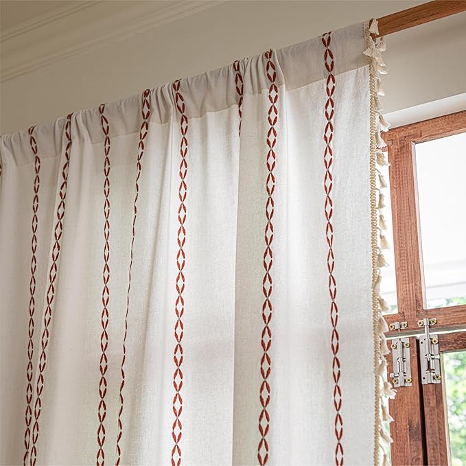 Sutuo Home Boho Curtains 96 Inch Long for Bedroom Dining Living Room, Light Filtering Cotton Embroideried Bohemian Striped Farmhouse Fall Halloween Decor, 1 Panel W52 x L96,White and Terracotta
