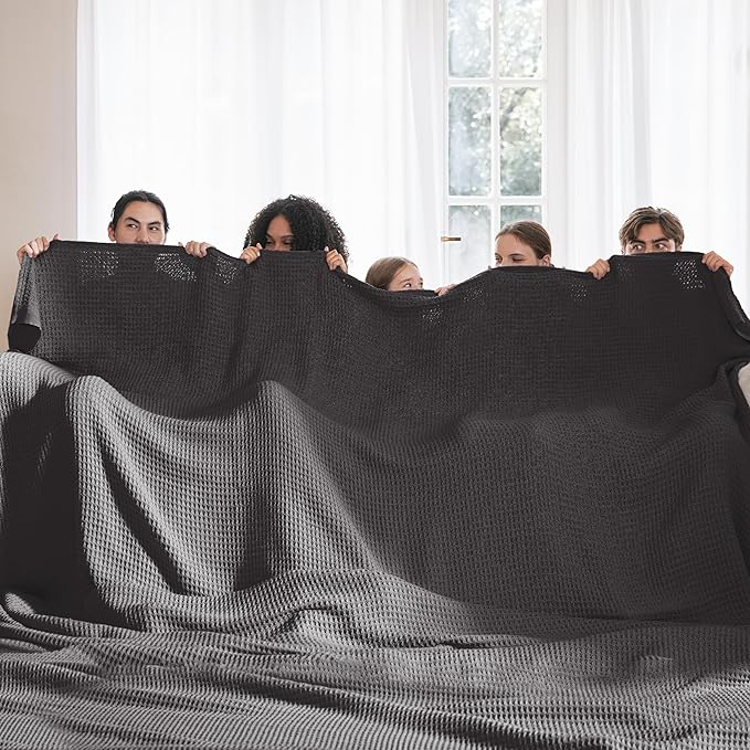 Bedsure 100% Cotton Large Blanket Oversized King for Bed - Breathable Waffle Weave Blanket for Summer Spring, Couch Cover, Dark Grey, 120x94 inches