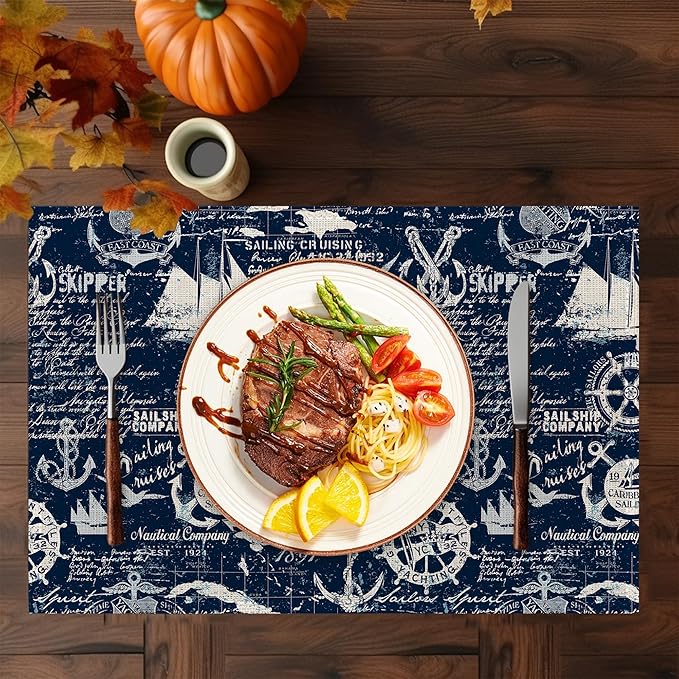 Nautical Navy Blue Placemats Set of 6,Washable Heat Resistant 12×18 Inch Linen Table Mats Caribbean Sailing Place Mats for Party Outdoor Dining Décor