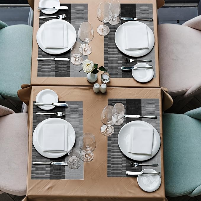 HeloHo Black Grey Stripe Placemats Set of 8, Heat-Resistant Washable Placemats Non-Slip Vinyl Woven Table Mats Wipeable Placemat for Kitchen Dining Table Decoration Indoor Outdoor