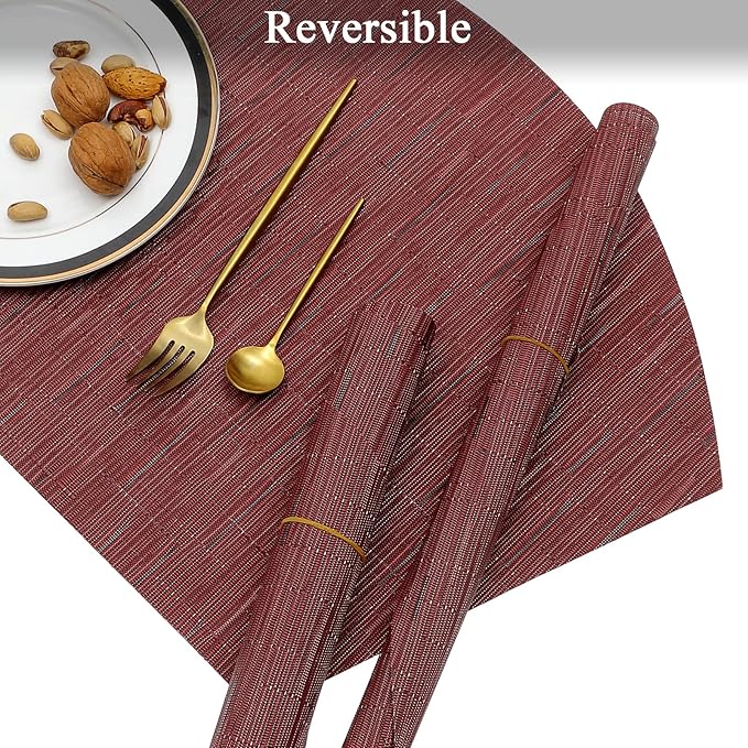 SHACOS Large Size Wedge Placemats with Centerpiece Round Mat Set of 5 Round Table Place Mats Washable Dining Table Placemats Reversible Durable, Burgundy