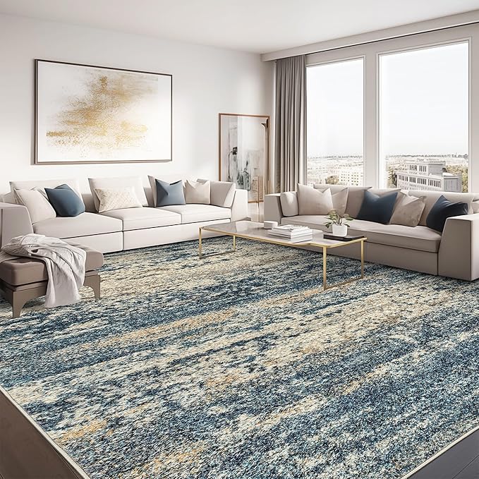 Art&Tuft Washable Rug, Anti-Slip Backing Abstract 8x10 Area Rugs, Stain Resistant Rugs for Living Room, Foldable Machine Washable Area Rug 8x10, Navy