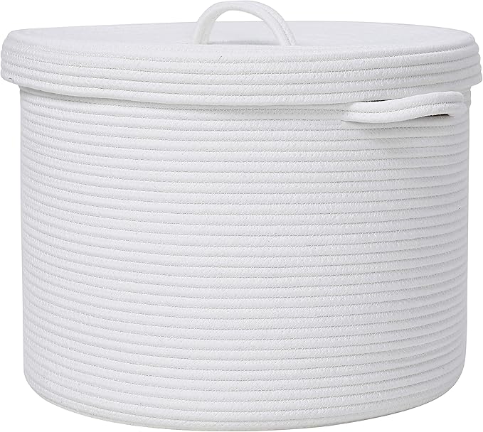 16" x 16" x 13" Medium Storage Basket with Lid, Cotton Rope Storage Baskets, Laundry Hamper, Cloth Bin, for Clothes Blankets Pillows Storage in Living Room, Full White with Cover