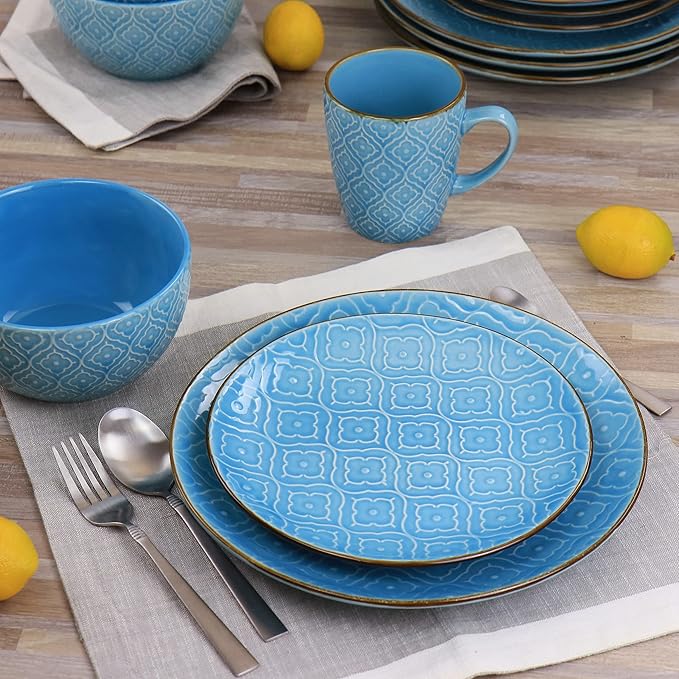 Elama Aqua Lily 16 Piece Luxurious Stoneware Dinnerware with Complete Setting for 4