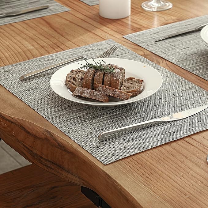 Leetaltree Silver Placemats Set of 6 - Heat Resistant Non-Slip Place mats for Dining Table, Washable Durable PVC Vinyl Woven Table Mats(Silver, 6)
