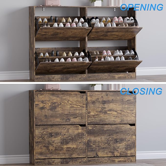 Shoe Cabinet with 4 Flip Drawers, Narrow Hidden Shoe Storage Cabinet, Slim Freestanding Shoe Rack Organizer for Entryway, Hallway, Bedroom, Living Room