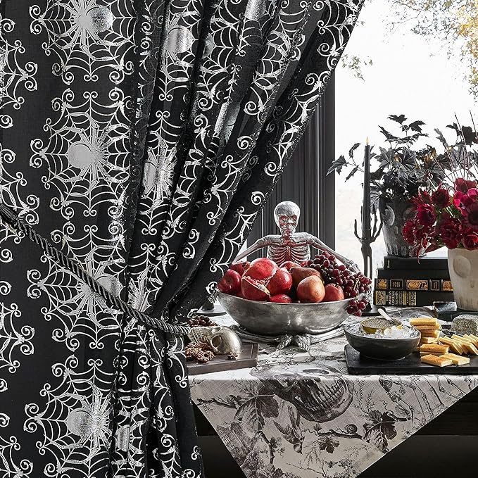 NICETOWN Semi Sheer Black Curtains with Silver Foil Spider Web, Grommet Lightweight & Airy Window Treatments for Halloween, W52 x L84, 2 Panels