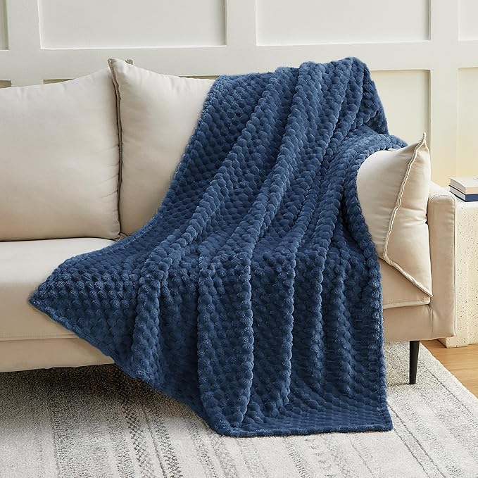 EXQ Home Fleece Blanket Queen Size for Couch or Bed - 3D Imitation Turtle Shell Jacquard Decorative Blankets - Cozy Soft Lightweight Fuzzy Flannel Blanket Suitable for All Seasons(90"×90",Dark Blue)