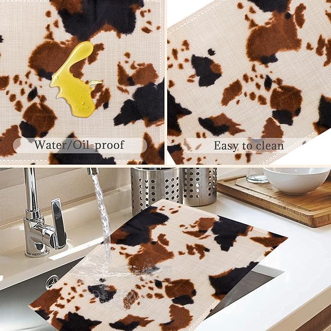 Cow Print Placemats Set of 6,Washable Heat Resistant 12×18 Inch Linen Table Mats Farmhouse Place Mats for Party Outdoor Dining Décor