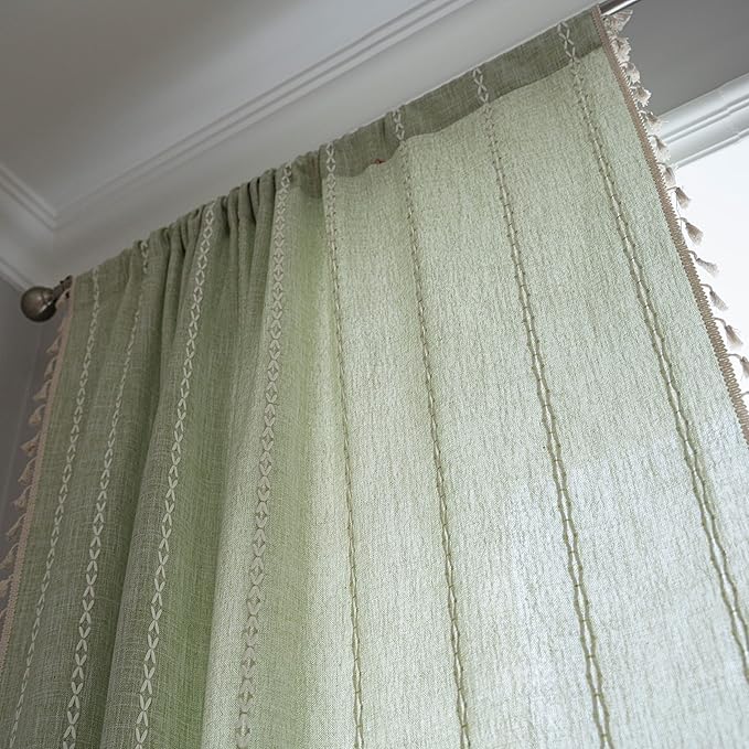 Sutuo Home Sage Green Boho Curtains for Bedroom Living Room, Semi Blackout Chic Farmhouse Country Tassels Window Treatment Bohemian Embroidery Drape for Christmas, Rod Pocket 1 Panel 52" W x 90" L