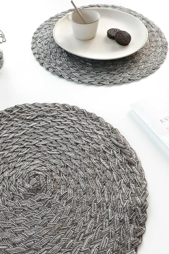 Floroom 15 Inch Round Braided Placemats Set of 6, Washable Heat Resistant Cotton Polyester Circle Boho Place Mats for Kitchen Dining Table - Mist Grey