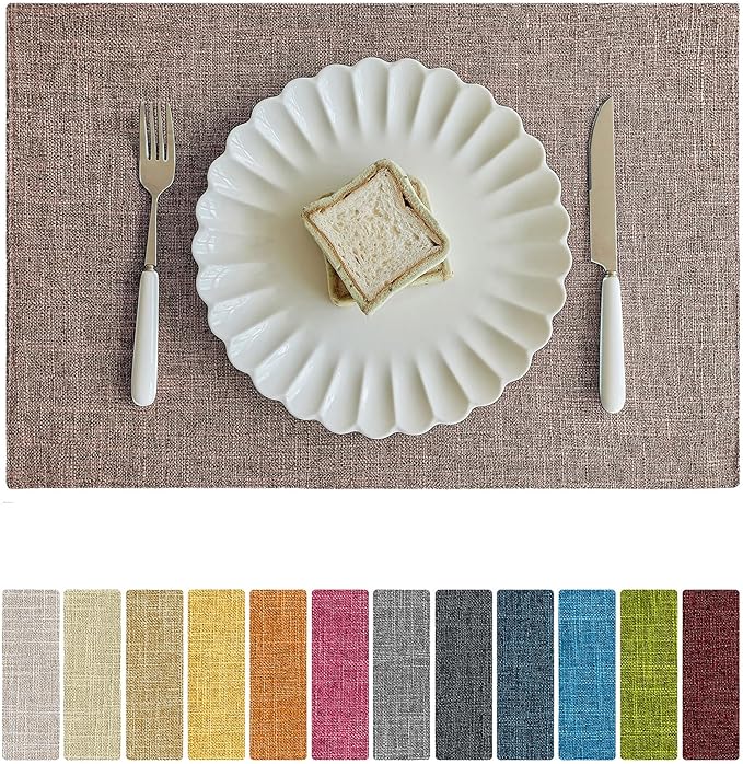 Softalker Faux Linen Placemats Set of 4-12 x 18 Inch, Heat Resistant Double Layered Durable Burlap Farmhouse Place Mats, Non-Slip Washable Rustic Table Mats for Dining, Kitchen, Party,Natural Linen