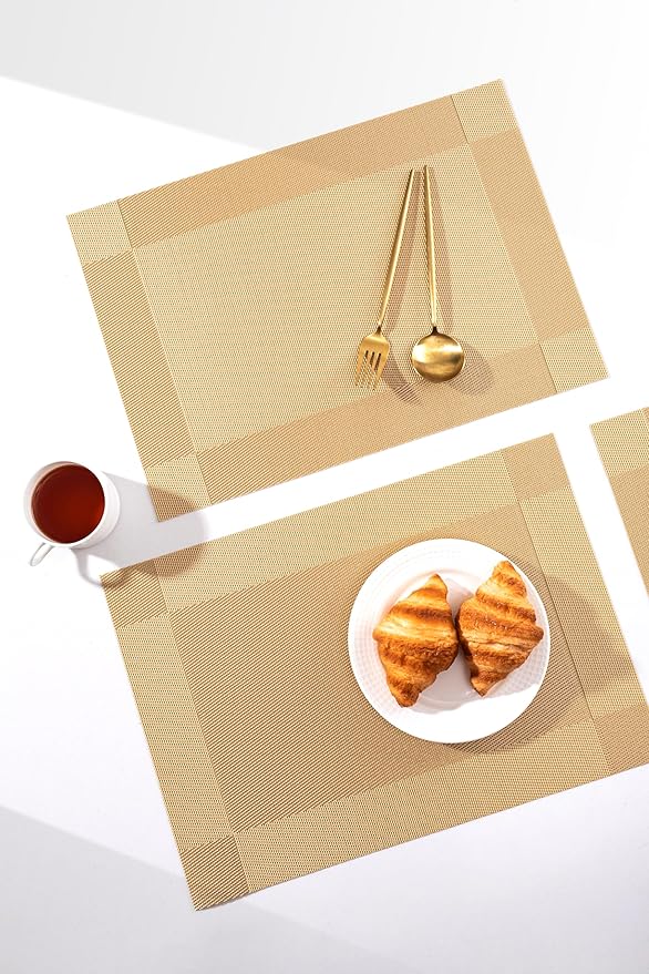 LEXMORE Placemats Set of 8 Vinyl/Plastic Woven Place Mats for Kitchen Table Indoor/Outdoor Washable Placemat Wipeable Dining Table Mats(Gold Cube)