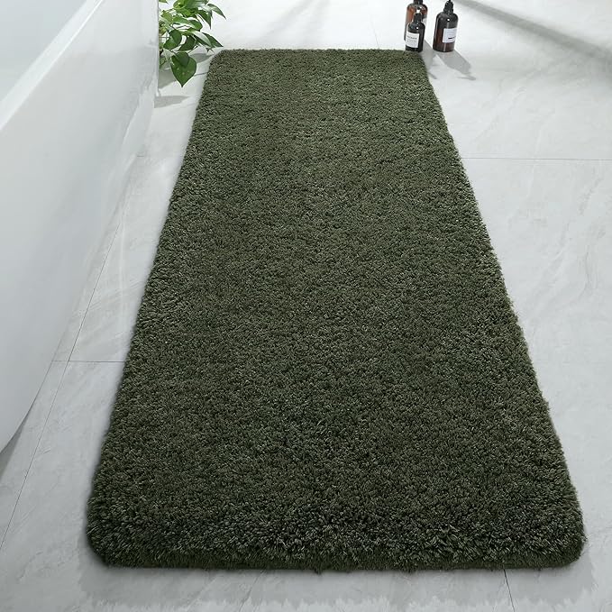 AROGAN Luxury Long Bathroom Runner Rug, 24x60 Inch Thick Soft and Absorbent Non Slip Bath Mat, Rubber Backing Quick Dry Rugs Carpets, Machine Washable Plush Mats for Shower Floor, Olive Green