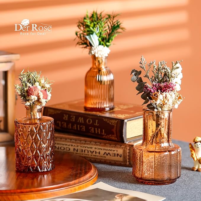 Der Rose Bud Vases in Bulk Glass Vase for Centerpieces Set of 12 Small Flower Vases Mini Vintage Vases for Rustic Wedding, Home Table Decorations (Amber)