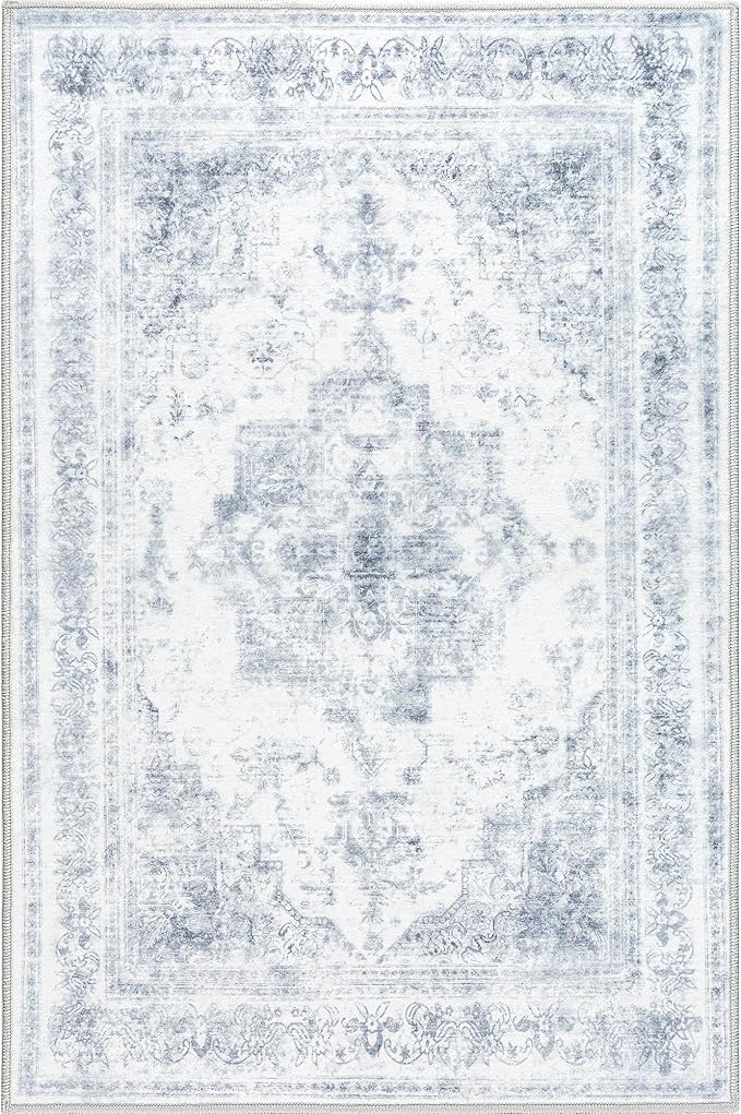 Washable Rug 9x12 Area Rug for Living Room Blue Vintage Boho Medallion Large Distressed Retro Carpet Non Slip Indoor Low Pile Small Soft Bedroom Dining Room Home Office