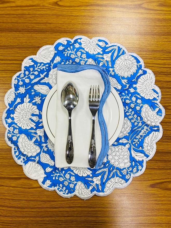 Ridhi Dodger Blue Bo-ho Round Place Mat Double Layer Floral Cotton Washable Placemats 15" Round Embroidery Block Print Table Mat Pack of 4-15 Inch Round