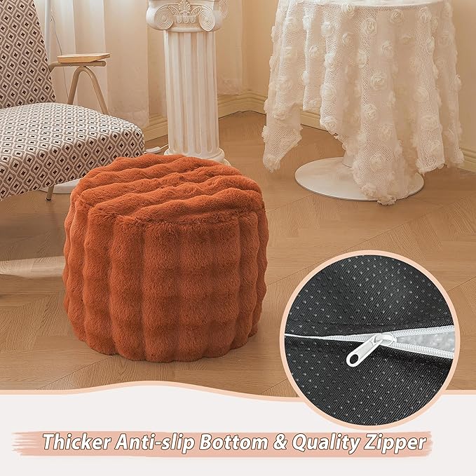 LIFEREVO Faux Rabbit Fur Round Inflatable Pouf Ottoman, 20" X 16" Fluffy Waffle Bubble Floor Poufs Foot Rest for Living Room Bedroom, Furry Pouf Foot Stool Kids Girls Adults, Anti-Slip, Burnt Orange