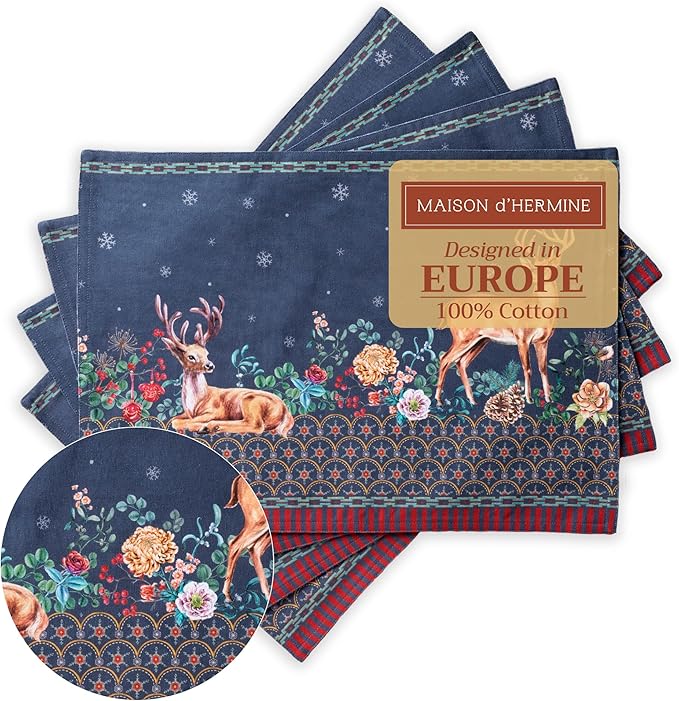 Maison d' Hermine Placemats Set of 4 100% Cotton Washable Cloth Place Mats, Reusable Table Mats for Kitchen Dining Decoration, Party, Wedding, Restaurant (Christmas Joy, 13" x 19")