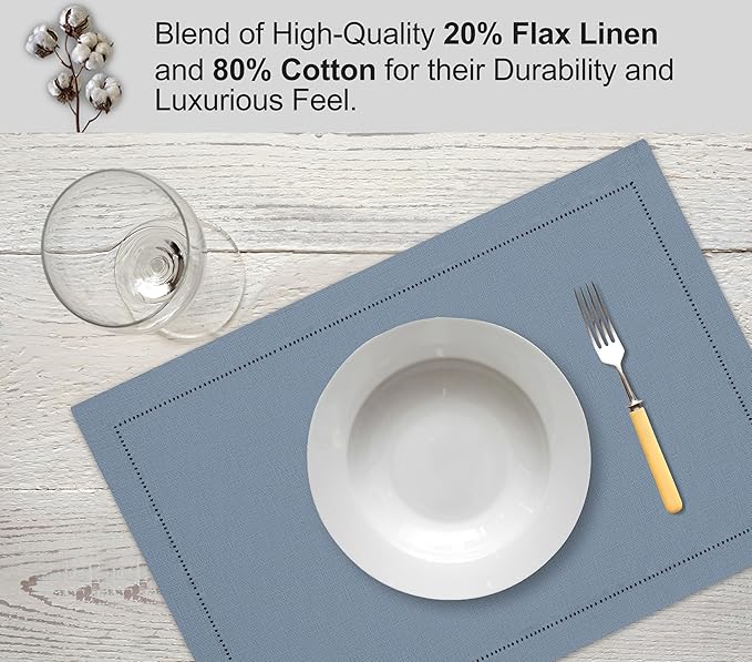 Ruvanti Linen Placemats Set of 6-13x19 Inch, Classic Hemstitch, Heat Resistant Machine Washable Place Mats, Soft & Elegant- Perfect for Christmas, Thanksgiving, Easter, Weddings, Dinner - Grey