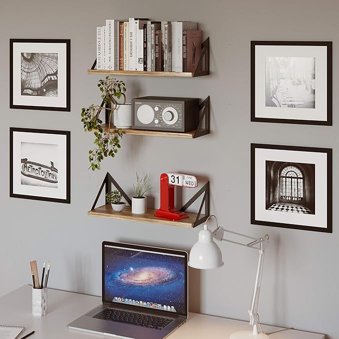 Wallniture Minori Floating Shelves Set of 3, Small Bookshelf Unit for Living Room, Office, and Bedroom, Natural Burned Rustic Wood Wall Decor with Metal Floating Shelf Bracket 6D x 17W x 5.5H in