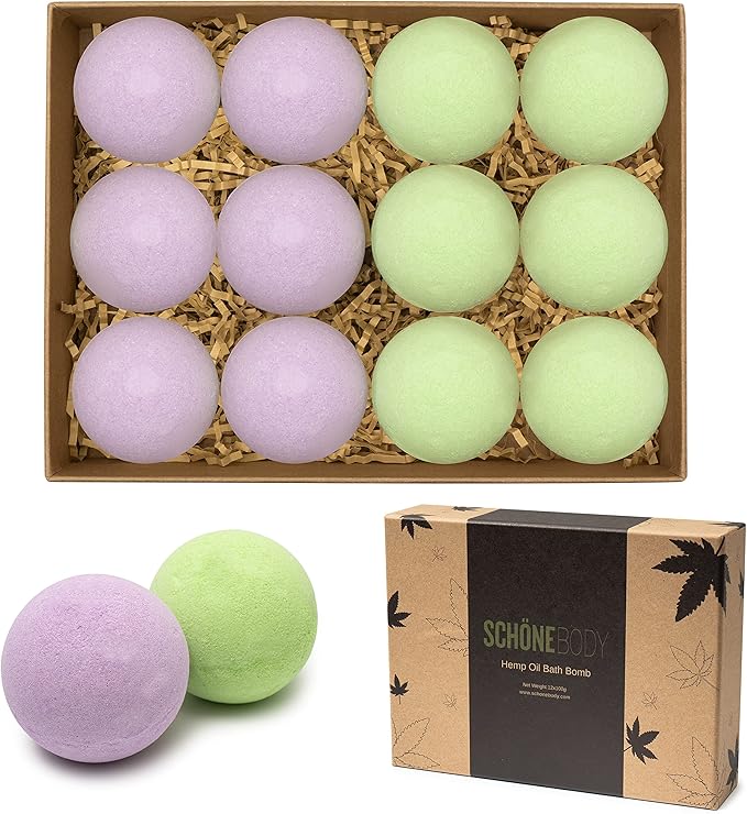 Hemp Bath Bombs by Schone Body, 2 Relaxing Scents of Refreshing Mint and Hemp Oil and Soothing Lavender and Hemp Oil. Made with Pure Essential Oil Vegan Set (Large 12 Pack, Bath Bombs), Green