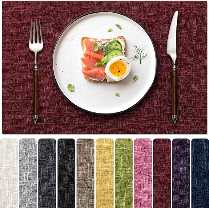 Placemats Set of 8, Dual-Layered Thickened Faux Linen Cloth Place Mats Heat Resistant Machine Washable Wrinkle Free Table Mats Indoor/Outdoor (Red)