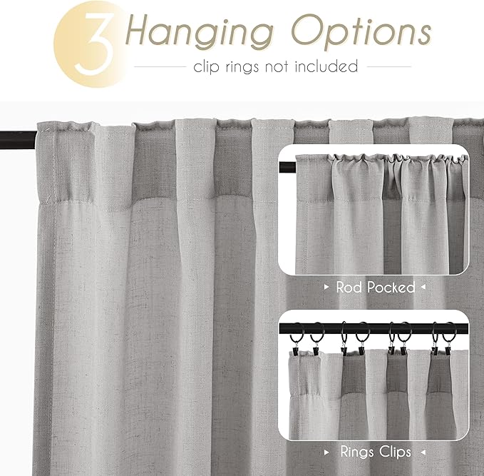Linen Blend Grey Curtains for Living Room Back Tab Modern Farmhouse Semi Sheer Light Gray Curtains 90 inches Long 2 Panels Set Muted Neutral Cotton Texture Window Curtain for Dining Room Bedroom