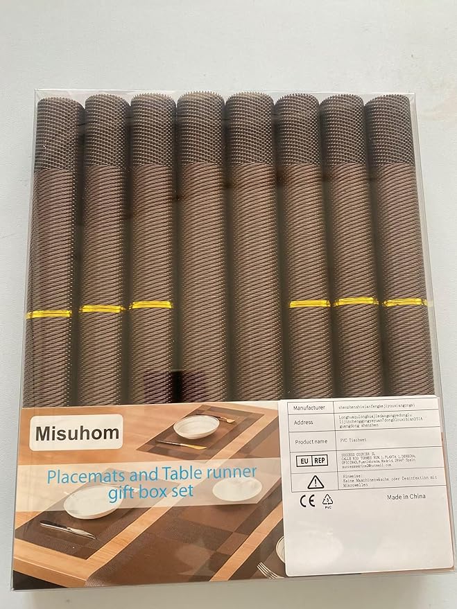 Placemats with Table Runner Sets Place Mats, Woven Crossweave Vinyl Kitchen Tablemat, Washable PVC Mats for Dining Table, Parties, Farmhouse, Thanksgiving, Christmas & Gathering (Brown)