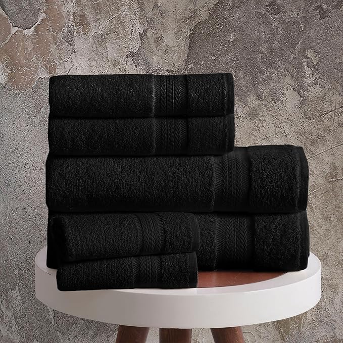 REGAL RUBY, 6 Piece Towel Set, 2 Bath Towels 2 Hand Towels 2 Washcloths, Soft and Absorbent, 100% Turkish Cotton Towels for Bathroom Shower Towel, Bath Linen Set Black