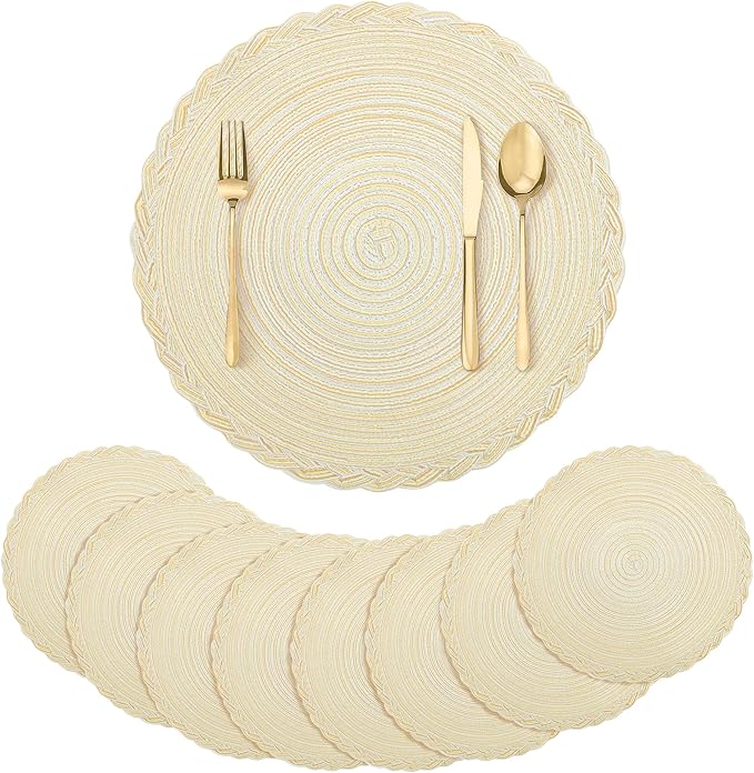 fanquare 15 Inch Beige Braided Placemats Value Set of 8 Round Cotton Placemat with Lace Edge, Perfect for Parties and Everyday Use Fabric Table Mats