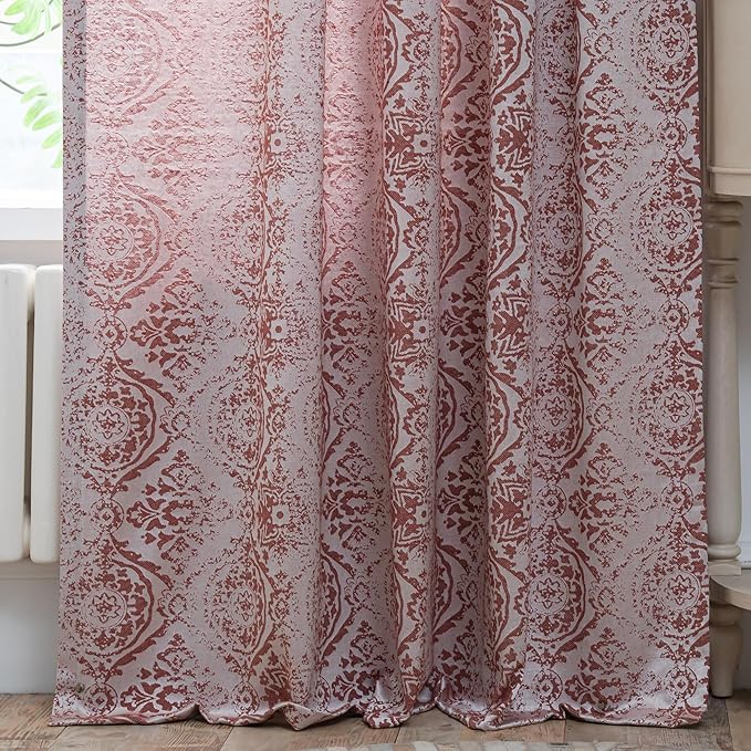 JOOJA Terracotta Curtains - 63 inch Length, 2 Panels Set, Jacquard Patterned, Semi-Blackout Boho Curtains for Bedroom & Living Room