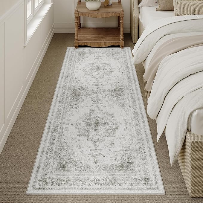 Runner Rug 3x7 Washable Light Gray Hallway Runner Vintage Boho Medallion Non Slip Grey Distressed Retro Carpet Indoor Low Pile Long Soft Rug for Kitchen Entryway Bedroom Bathroom Laundry
