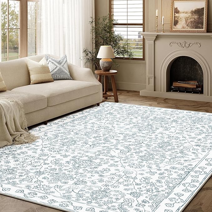 Floral Area Rug 5x7 Washable Blue Carpet Non Slip Large Boho Thin Farmhouse Throw Accent Rug for Living Room Bedroom Office Kitchen Bathroom