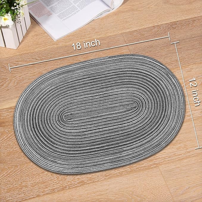 Noctiflorous Oval Braided Placemats Set of 6 Woven 12x18 Inch Non Slip Washable Heat Resistant Place Mats Tablemats for Dining Kitchen Party Daily Table Decor Dinner Mats (Black Gray, 6)