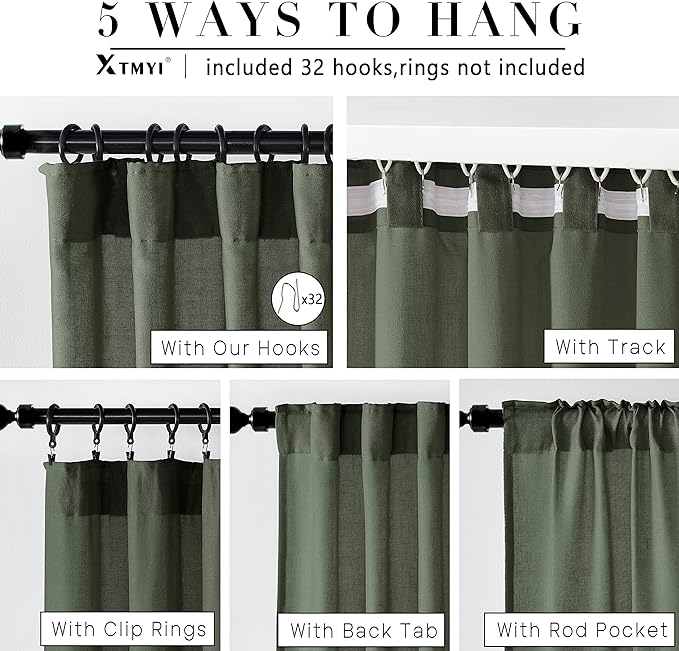 XTMYI 102 Inch Length Olive Green Sheer Linen Curtains 2 Panels Set,Hook Belt Pleated Back Tab Cotton Polyester Blend Light Filtering Semi Sheer Curtain Drapes for Living Room Bedroom,50x102 in Long