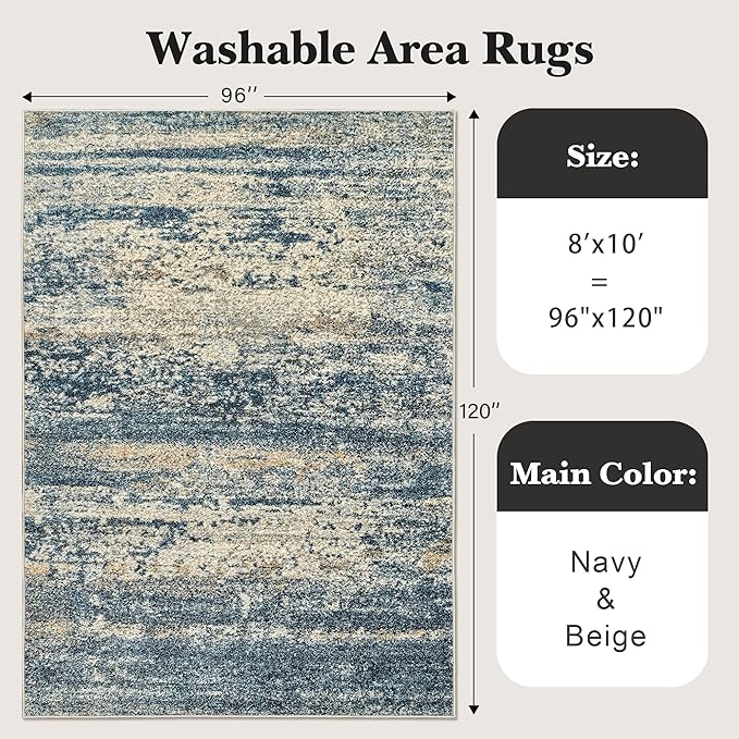 Art&Tuft Washable Rug, Anti-Slip Backing Abstract 8x10 Area Rugs, Stain Resistant Rugs for Living Room, Foldable Machine Washable Area Rug 8x10, Navy