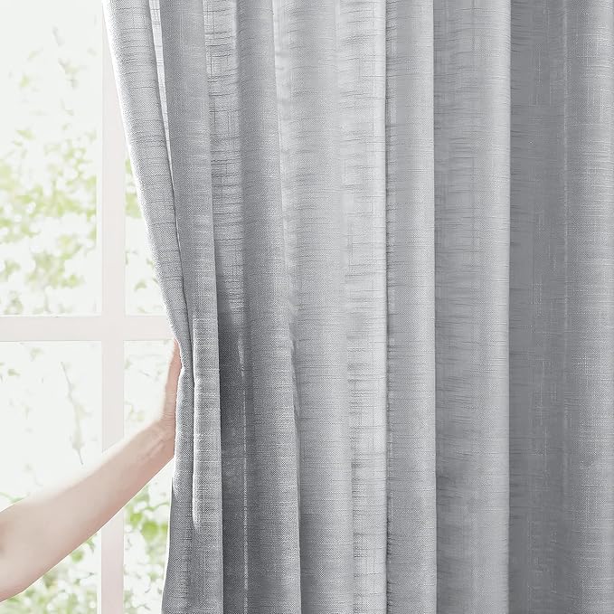 FMFUNCTEX Linen Grey Sheer Curtains for Bedroom 96 inches Long Sliding Door Curtain for Extra Wide Windows White Room Divider Rich Linen Textured Curtain Panels for Living Room Neutral Gray 1 Pack