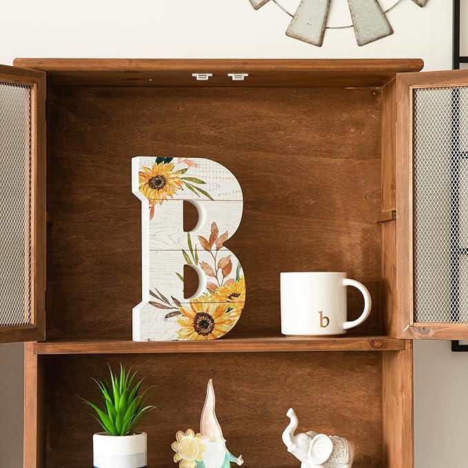COLLECTIVE HOME - 10" Wood Lettes for Wall Decor, Sunflower Tabletop Alphabet Decoration, DIY Farmhouse Decor, Rustic Freestanding Monogram Block (R)