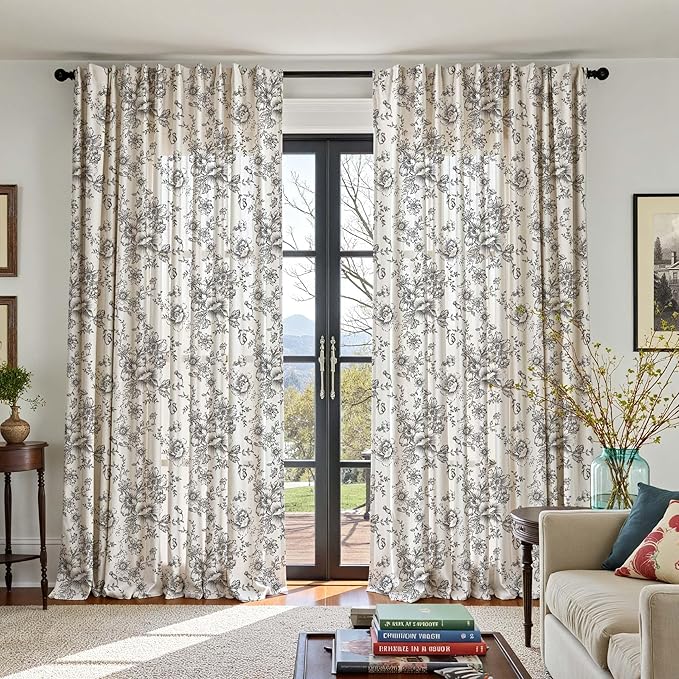 jinchan Linen Floral Curtains Extra Wide for Patio Sliding Glass Door Room Divider Curtain for Living Room 108 Inch Length Farmhouse Peony Black Printed Curtain Set 1 Panel