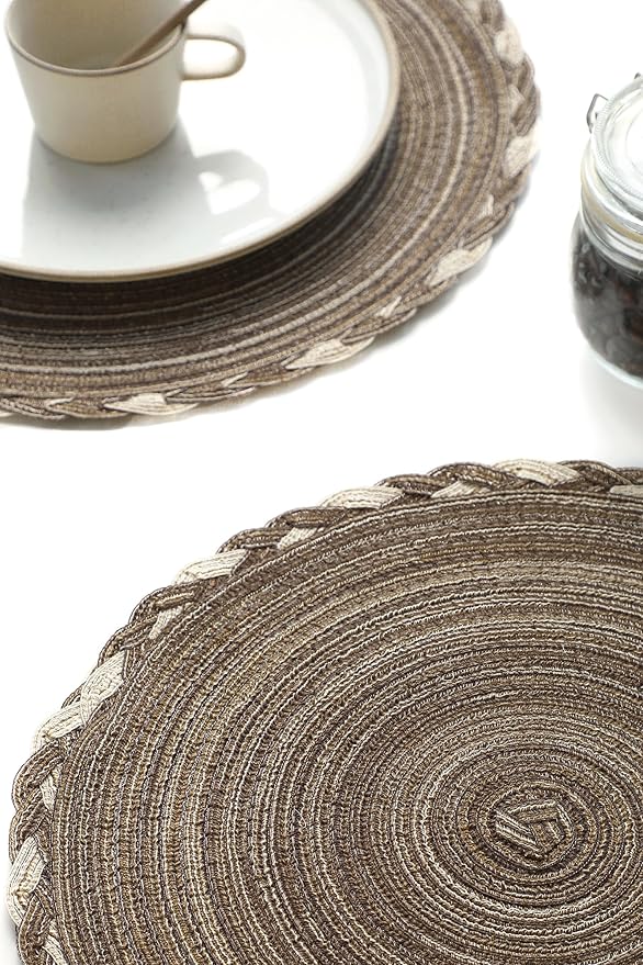 Floroom 15 Inch Round Braided Placemats Set of 4, Washable Heat Resistant Cotton Polyester Circle Place Mats for Kitchen Dining Table - Multicolor Earth Taupe