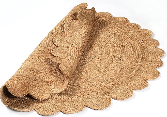 Savi Home Hand Woven Jute Braided Scalloped Rug, 4' Round - Natural, Reversible Area Rugs for Living Room, Farmhouse, Kitchen, Handcrafted 4 Feet Round Area Rugs - Natural