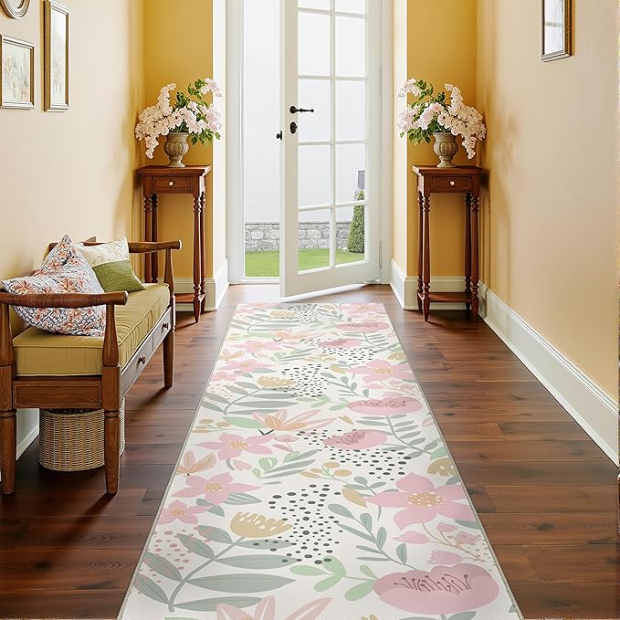 Floral Runner Rug 2x8 Washable Hallway Pink Bedroom Non Slip Cute Long Kitchen Carpet Botanical Indoor Soft Accent Rug for Bathroom Dining Laundry Living Room