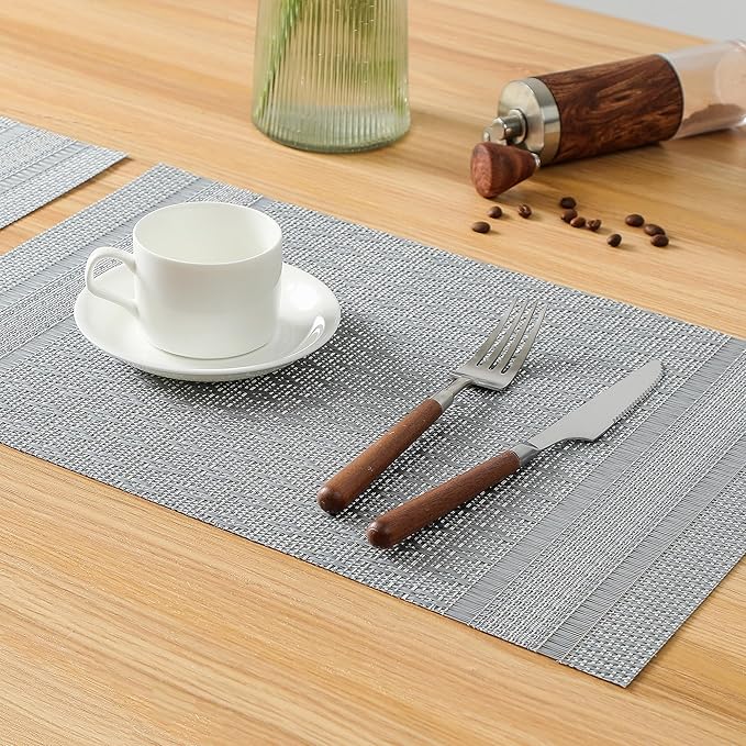 Leetaltree Lunar Grey Placemats Set of 12 - Heat Resistant Non-Slip Place mats for Dining Table, Washable Durable PVC Vinyl Woven Table Mats(Lunar Grey, 12)