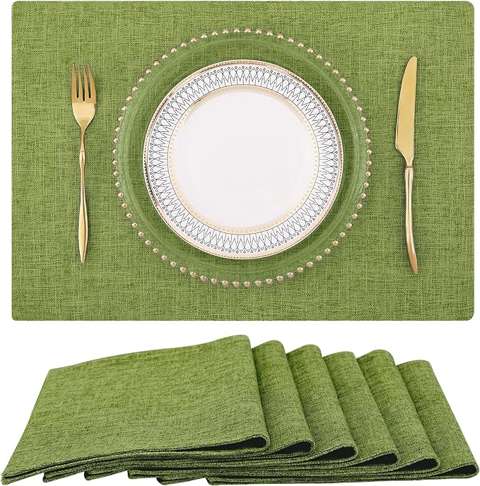 homing Grass Green Cloth Placemats for Dining Table Set of 6 – Cotton Linen Blend Washable Farmhouse Kitchen Mats for Indoors & Outdoors - Easy to Clean 13 x 19 Inch